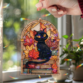 Black Cat Acrylic Suncatcher, Stained Glass Style Autumn Leaves with Books Window Hanging, Gothic Halloween Witchy Home Décor Gift